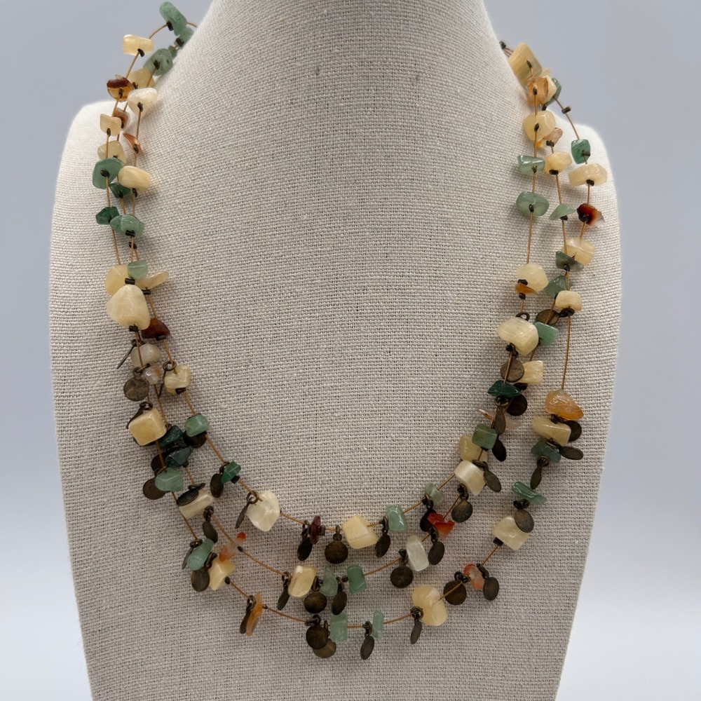 Boho Multi Strand Tumbled Stone Chip Necklace Bronze Coin Dangle Earthy Tones